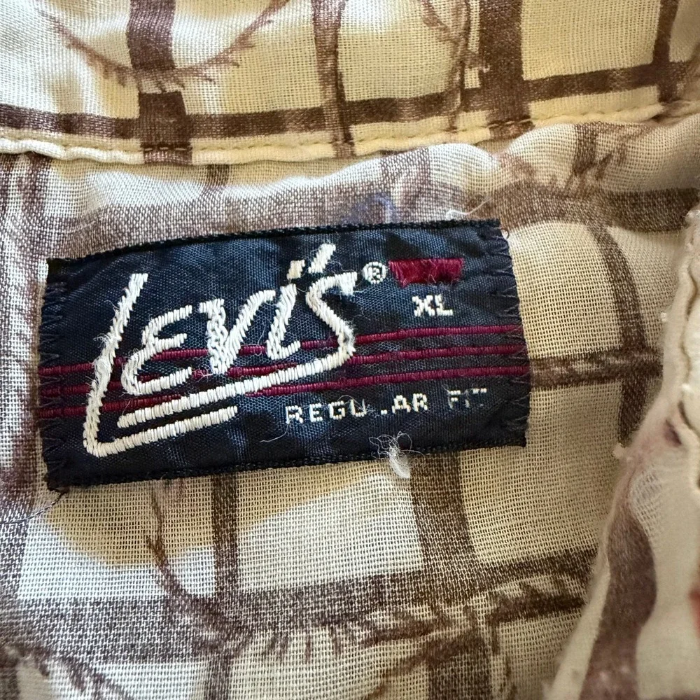Vintage Levis Western Pearl Snap Shirt XL Brown Cowboy Lasso Novelty 70s 80s‎